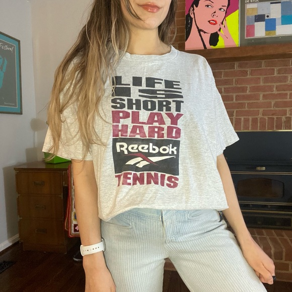 Vintage 90s Reebok Single Stitch Life Is Short Play Hard Tennis Tee Unis… - Picture 3 of 13